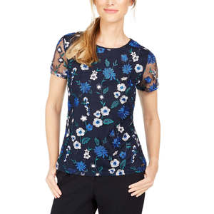 Top in Maglia Floreale Ricamata Calvin Klein da Donna, Blu, Taglia Media, Casual, in Seta Lavorata a Maglia per la Stagione Primaverile - Product Image 1