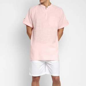 เสื้อยืดผ้าฝ้าย100% สำหรับผู้ชายทรงปกติมีกระเป๋าหน้าและชุดสั้นฤดูร้อนเสื้อยืดแขนสั้นคอมโบ - Product Image 4