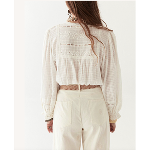 Blouse en lin SABINE 100% lin brodée de fleurs, style vintage western, respirante, coupe ample, tailles XL et XXL, Perle Perle - Product Image 4