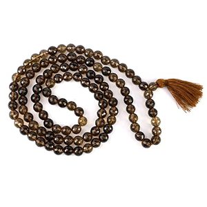 Mala de Cuarzo Ahumado de 8mm, Piedra Preciosa Pulida, Hecha a Mano, para Meditación, Yoga, Espiritualidad, con Diseño de Mascota Japonesa, Forma Redonda, RAIS AGATE Gujarat - Product Image 1