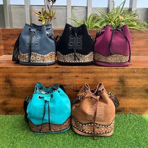 Popular <b>Boot</b> Stitch Suede Leather Shoulder Bucket Handbags for Women Western Genuine Leather Drawstring Designer Purse Wholesale - Product Image 3