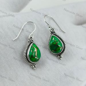 Boucles d'oreilles en argent sterling turquoise, forme poire en cuivre vert, faites à la main, style bohème, pour mariage, fête, bijoux pour femmes - Product Image 2