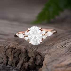 Anillo de Compromiso de Moissanita con Corte Ovalado, Estilo Vintage, Chapado en Oro Rosa de 14K sobre Plata 925, Anillo Nupcial Art Deco con Diseño de Racimo y Marquesa - Product Image 6