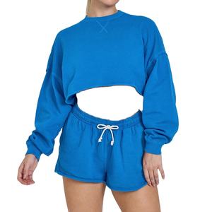 Sweat-shirt à manches longues pour femmes 100% coton col rond court pull de sport avec doublure - Product Image 2