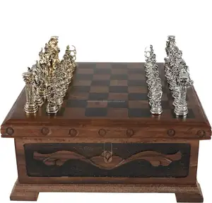 Chess Set with Walnut Treasure Secret Magic Box Hidden Key Hand Made Unique Board with Trojan War Metal Piece