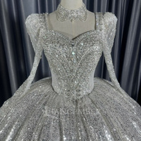 Robe de mariée Jancember LSCM40 scintillante à manches longues, coupe empire, avec longue traîne