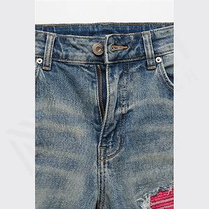 Pantalones Vaqueros Ajustados Vintage para Hombre, Desgastados, con Parches Bordados Rosas, Precio de Mayoreo, Ropa Urbana, Color Personalizado - Product Image 4