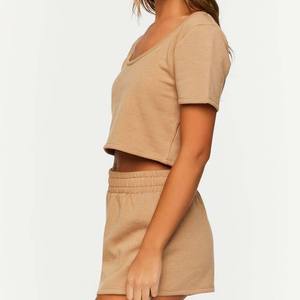 Ensemble t-shirt et short d'entraînement confortable et élégant pour femmes, tenue décontractée à motif solide pour vêtements de sport, ensembles pour femmes en coton - Product Image 3