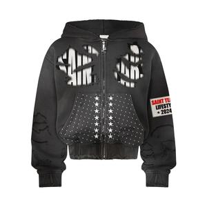 Sweat à capuche brodé sur mesure 100% coton polaire pour hommes en détresse délavé à l'acide avec patch en strass vêtements d'hiver - Product Image 5