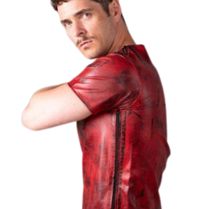 T-shirt en cuir rouge vieilli effet faux cuir pour homme, style clubwear fétiche, col rond, haut tendance - Product Image 3