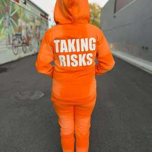 Custom Adult Graphic Streetwear <b>Men</b> Track Suit Orange Full Zip Hoodie and <b>Joggers</b> Hip Hop Style Outfit Distressed Embroidery - Product Image 2