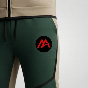 Ensemble de survêtement vert foncé pour homme – Veste athlétique zippée intégrale avec empiècements beiges et pantalon de jogging – Tenue de sport pour entraînement, gym et fitness - Product Image 5