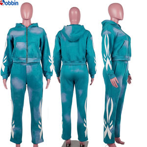 Ensemble de survêtement décontracté en coton pour homme, grande taille, avec fermeture éclair, confortable, effet délavé au soleil, sweat-shirts et pantalons de survêtement amples, design évasé, personnalisé - Product Image 1