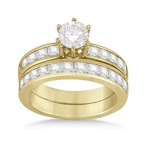 Anillo de Compromiso y Conjunto Nupcial Princesa con Diamantes, Oro Amarillo de 14k, 1.10ct, Conjuntos de Joyería Fina - Product Image 1