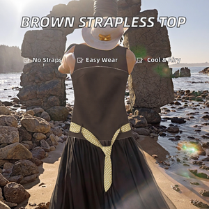 Débardeur d'été décontracté marron respirant en tissu tissé sans bretelles avec fermeture éclair latérale pour femme - Product Image 2