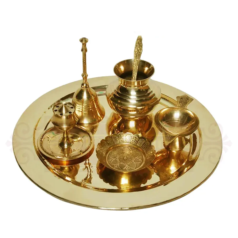 Conjunto de decoração de casa bronze pooja thali, conjunto artesanal e artesanal, conjunto de puja thali tradicional para pooja artística item religioso