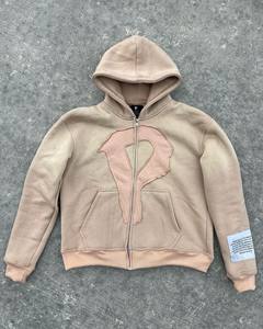 Sweat à Capuche Vintage Surdimensionné Boxy Cropped Applique Broderie Lavage à l'Acide Zip up Logo Brodé Sweat à Capuche pour Homme - Product Image 3