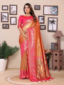 Sarees de Seda Banarasi Pura de Primera Calidad con Tejido Completo y Diseño Clásico de Pallu, Estilo Festivo - Product Image 4