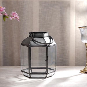 Lanterne ouragan en métal noir antique décor à la maison événements en plein air pilier bougeoir modèles de sol suspendus pour décorations d'événements - Product Image 1