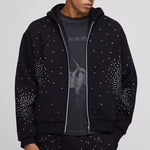 Dernier modèle de sweat à capuche et jogging personnalisés surdimensionnés avec strass zippés Survêtement respirant en coton mélangé avec strass - Product Image 1
