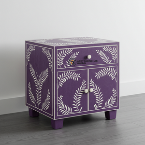 Luxury Purple Bone Inlay <b>Bedside</b> Table Handcrafted Floral Pattern Nightstand with <b>Storage</b> - Product Image 1