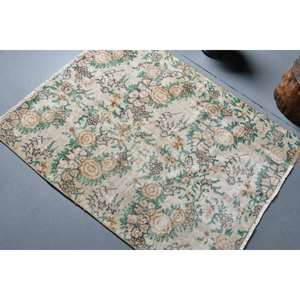 Tapis turc vintage 3.2x4 pieds en laine beige vert fait main grande surface avec motif patchwork pour chambre d'ado couloir latex soutenu - Product Image 4