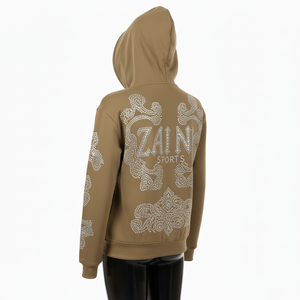 เสื้อฮู้ดดี้ผู้หญิงแบบมีซิป พรีเมียม ผ้าฝ้ายผสมโพลีเอสเตอร์ 320 GSM ขนฟลีซ สีน้ำตาล ประดับคริสตัลแบบรีดร้อน  รับสกรีนโลโก้ตามแบบ - Product Image 5