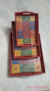 Handcrafted Wooden Serving <b>Trays</b> Art Deco Design Set of 3 for Wedding & Diwali - Product Image 3
