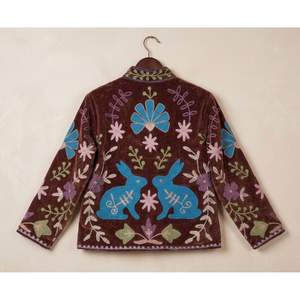 Blazer pour femme en velours et coton brodé à la main, motif floral lapin, col mandarin, manches longues, écologique, collection automne - Product Image 4
