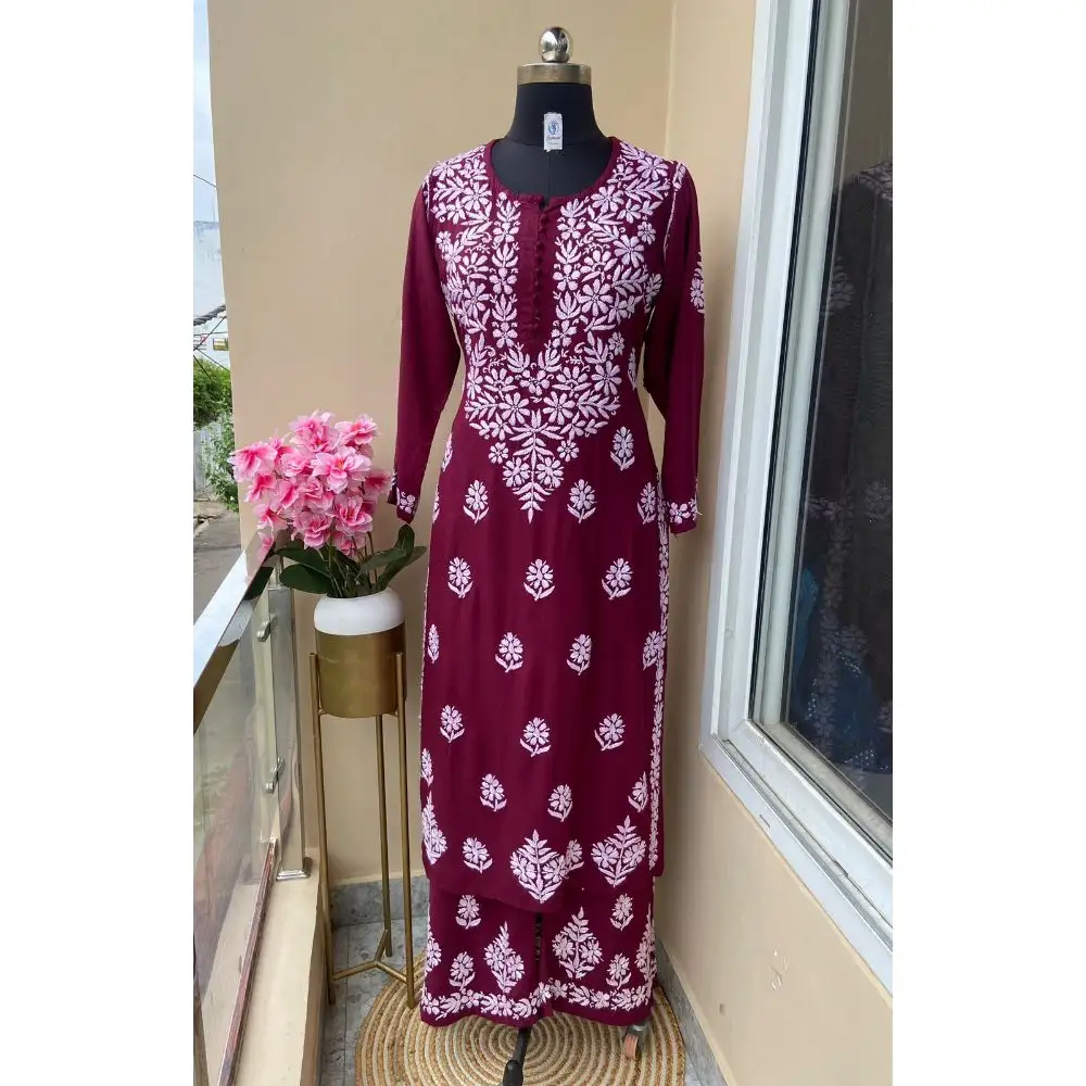 Neueste Kollektion Trend Design Schwere weiche Reyon Kurti Palazo Chikankari Handarbeit Großhandels preise Verkauf Frauen tragen Bestseller