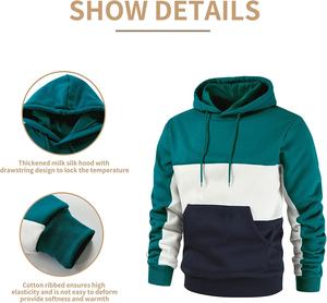 Sweat-shirt à capuche en polaire à carreaux pour hommes, sweat-shirts d'hiver avec cordon de serrage et poche Color Block à capuche pour hommes - Product Image 4