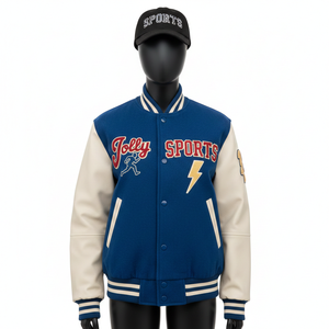 Veste universitaire pour femmes, mélange de laine de haute qualité, manches en cuir, panneaux contrastés bleu et blanc, logo personnalisé, vestes universitaires pour femmes - Product Image 6