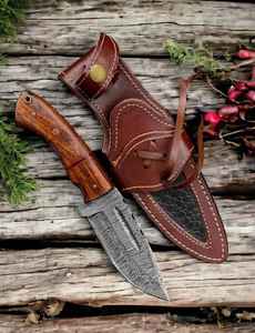 Couteau de chasse en acier Damas fait à la main, couteau à lame fixe pour le camping et le bushcraft avec étui en cuir fin, couteaux en acier personnalisés - Product Image 2