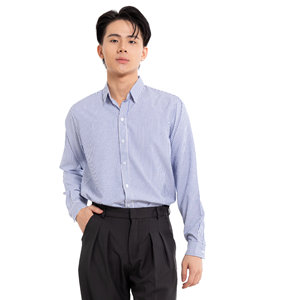 Camisa a la moda con estampado de rayas de manga larga antiarrugas para hombre ODM/OEM fabricada en Vietnam técnica teñida Lisa para uso diario - Product Image 1