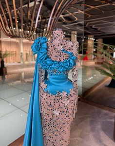 Robe de soirée sirène de luxe en satin turquoise, longueur ras du sol, bustier, avec maille nude perlée, naturelle, respirante, durable, grandes tailles - Product Image 2