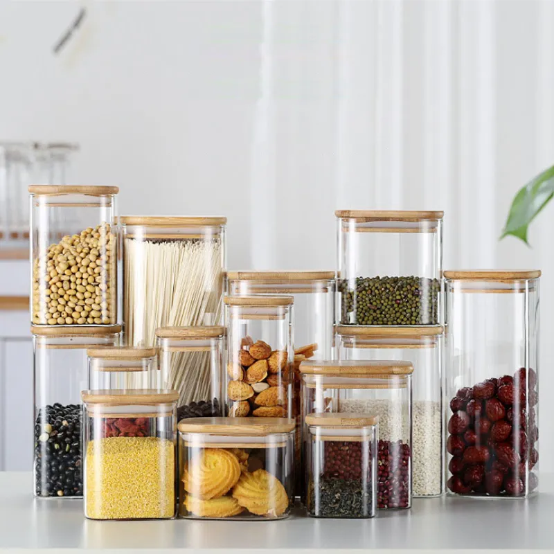 16 pieces glass kitchen storage square food storage multifunctional glass jar sealed food grade storage container with lid
