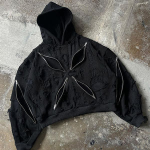 Sudadera Vintage de Estilo Urbano, Sudadera Corta de Algodón con 4 Cremalleras, Lavado Ácido, Felpa Francesa, Sudadera Holgada para Hombre - Product Image 1