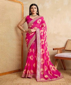 SAREE DE TRAVAIL ATTRACTIF À IMPRIMÉ GEORGETTE ET À BRODERIE AVEC BLOUSE NON COUCHÉE VÊTEMENT FESTIVAL VÊTEMENT ETHNIQUE PRIX DE GROS ROSE - Product Image 1