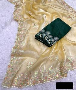 Saree de travail Butta avec chemisier, fil fantaisie, broderie, bordure à coupe d'arc pour vêtements pour femmes indiennes et pakistanaises. - Product Image 4