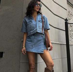 Falda de <span class=keywords><strong>traje</strong></span> de mezclilla de trabajo, trajes de mezclilla de manga corta con cuello en V de verano <span class=keywords><strong>para</strong></span> <span class=keywords><strong>mujer</strong></span> - Product Image 3