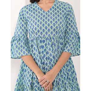 Vestido de algodón con estampado de bloques y cintura imperio, casual y transpirable, con diseño de aberturas, ideal para el día del club o días festivos. Tallas disponibles: XS-5XL. - Product Image 2