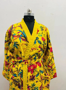 Manteau imprimé oiseau jaune matelassé de style Kantha fait à la main pour les femmes Kimono thermique confortable de vêtements de nuit pour le printemps été pur - Product Image 5