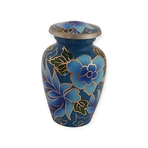 Modern Blue Floral Hand Painted Metal <b>Keepsake</b> Urn with Artistic Petal Design and Smooth Finish - Product Image 1