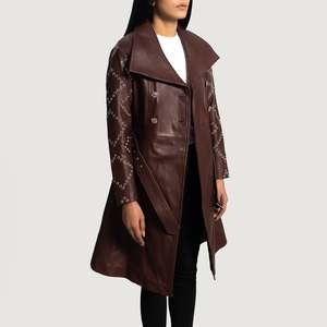 Gabardina Larga de Otoño para Mujer, Color Granate, Doble Botonadura, Forro de Algodón y Piel de Oveja, Impermeable, Cuello de Solapa, Elegante - Product Image 3