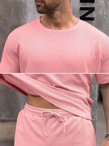 Ensemble de vêtements d'été pour homme avec logo personnalisé, style décontracté deux pièces, t-shirt ample, short en molleton français, coton respirant, tricoté, séchage rapide - Product Image 5