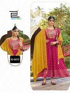 Traje de Anarkali de rayón pesado con bordado y trabajo de impresión con estampado de Chanderi pesado Dupatta - Product Image 6