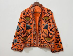 Veste bohème pour femme en coton 100% respirant, brodée à la main, motif floral, orange, style suzani - Product Image 5