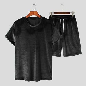 Nouveau design de short en velours à motif de blocs de couleurs Ensemble de sweat double en velours surdimensionné à épaules tombantes Ensembles courts respirants - Product Image 6