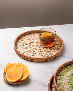 Round Rattan Serving <b>Tray</b> with Mother of Pearl Inlay Hand Woven Mosaic <b>Tray</b> Decorative Wicker Lacquer <b>Tray</b> Food Basket - Product Image 4