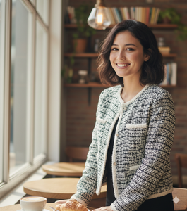 Chaqueta de Lana Personalizable para Mujer, Estilo Vintage Retro Casual, Entallada, de Manga Larga, Teñida con Hilo, Cuello Redondo, Acolchada de Algodón, Cierre de un Solo Botón - Product Image 5